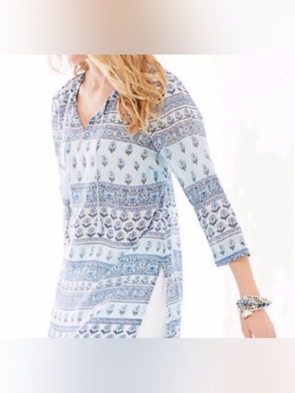 J. Jill V-Neck Lightweight Boho Floral Tunic Top | Blue | Size L